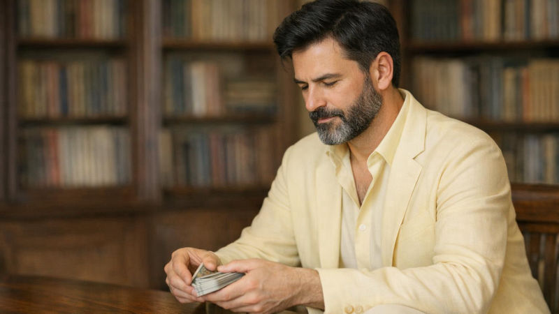Homem de barba e roupa amarela embaralha cartas de tarô numa mesa de madeira em biblioteca elegante