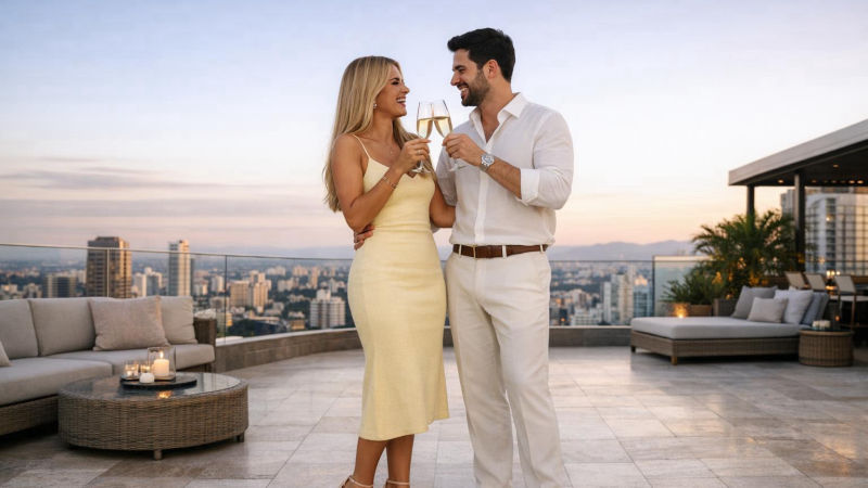 Casal elegante brinda com champanhe rindo numa cobertura com vista da cidade ao fim de tarde