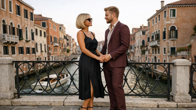 Casal elegante de mãos dadas numa ponte sobre um canal de Veneza ao fim de tarde, trocando olhar carinhoso