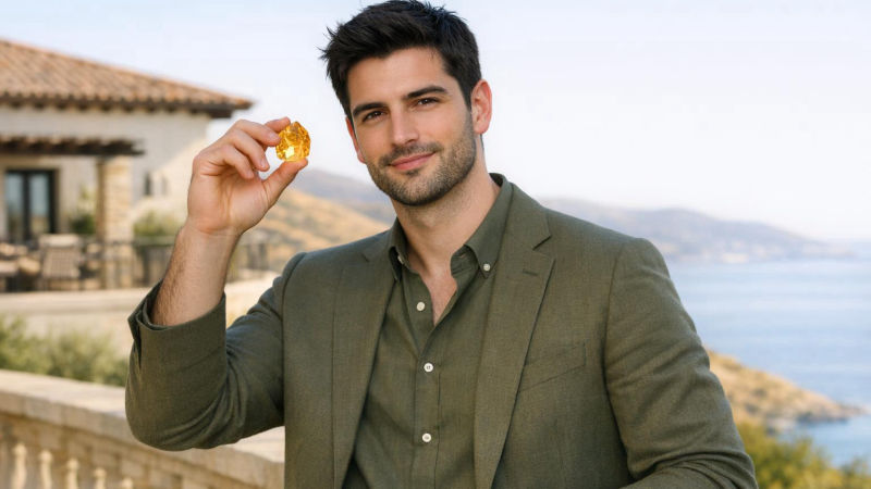 Homem de camisa verde-oliva ergue um cristal amarelo contra o sol na varanda de uma villa com vista para o mar