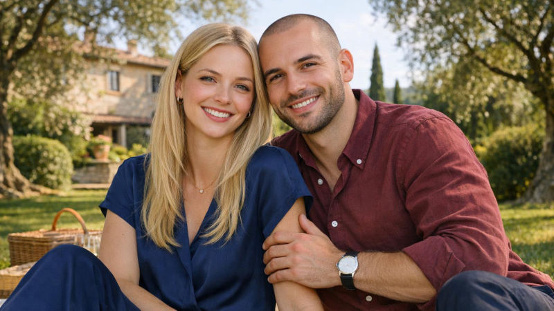 Casal sorri junto num piquenique elegante no jardim verde de uma villa italiana pela manhã