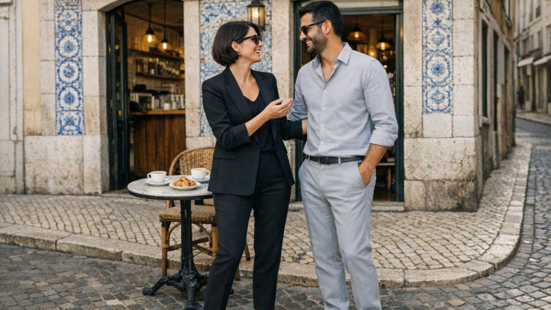 Casal elegante conversa animadamente de pé diante de um café charmoso em Lisboa pela manhã