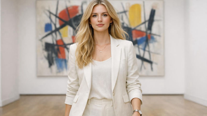 Mulher loira de blazer off-white caminha por museu vazio em Paris diante de pintura abstrata colorida