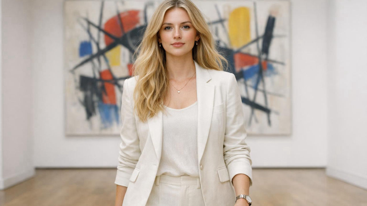 Mulher loira de blazer off-white caminha por museu vazio em Paris diante de pintura abstrata colorida