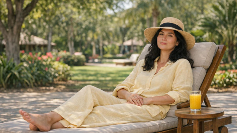 Mulher de cabelo preto e roupa de linho amarela descansa relaxada numa espreguiçadeira à sombra no jardim de um resort