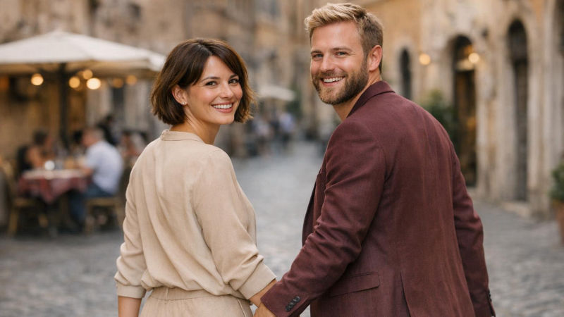 Casal elegante caminha de mãos dadas por rua de pedra em Roma, sorrindo em clima de conversa animada