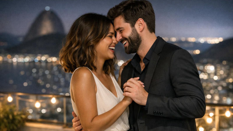 Casal elegante dança e ri abraçado no terraço de uma cobertura à noite, com a cidade iluminada ao fundo