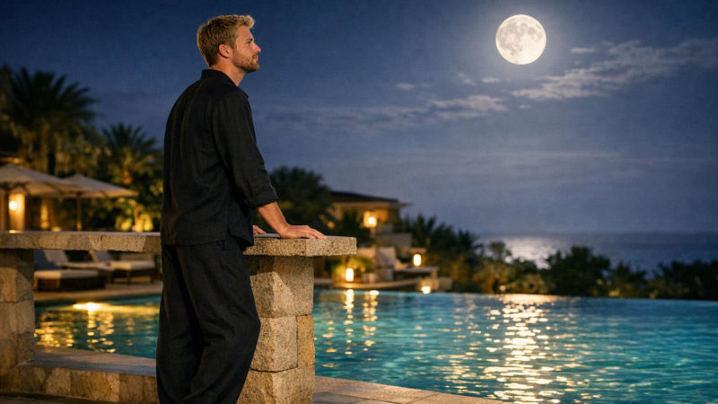 Homem loiro de linho preto, de perfil à beira de uma piscina iluminada à noite, olhando a Lua