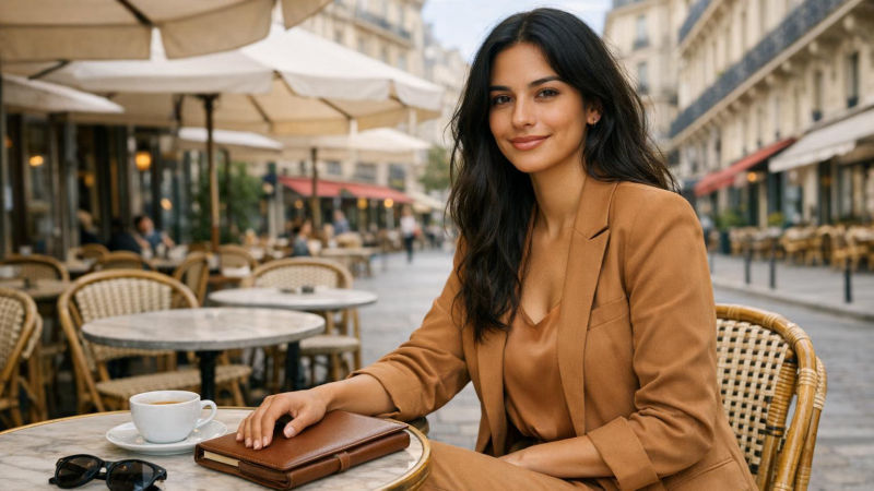 Mulher morena de alfaiataria caramelo sentada à mesa de um café em Paris, com xícara e agenda fechada ao lado