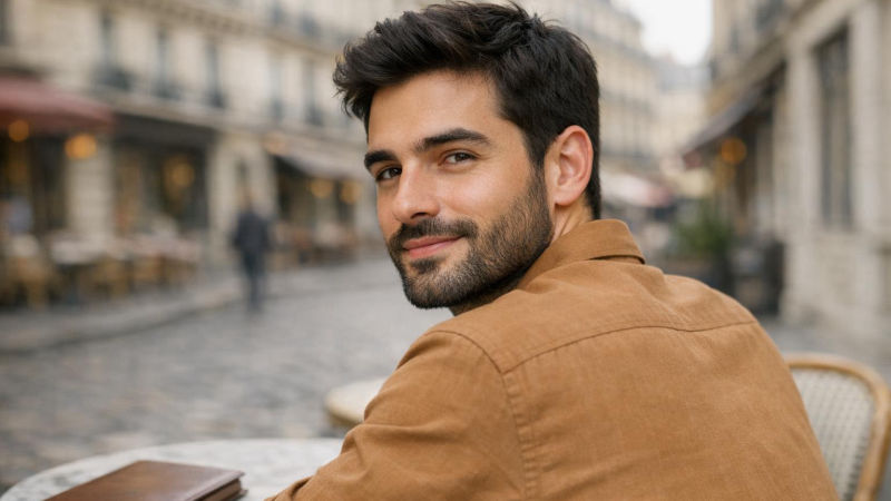 Homem de barba sentado em café parisiense, de costas, olhando por cima do ombro com expressão serena