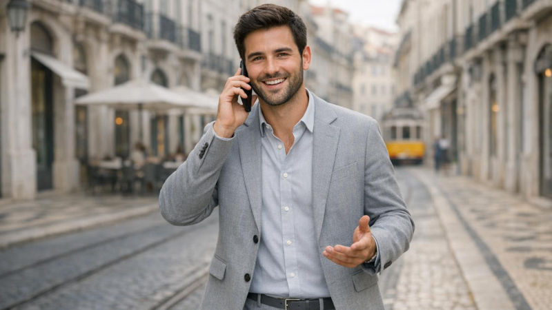 Homem de blazer cinza-claro caminha sorrindo por avenida de Lisboa falando ao celular