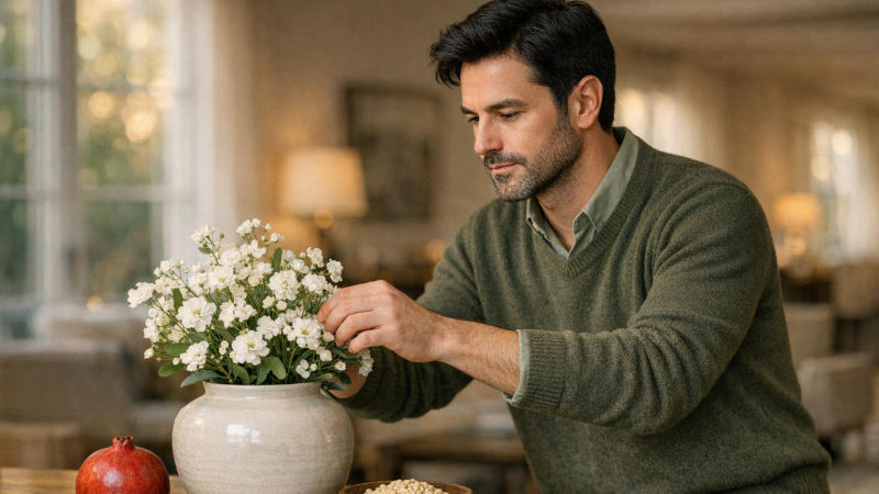 Homem de suéter verde-oliva arruma flores brancas num vaso, com uma romã sobre a mesa de uma sala elegante ao fim de tarde