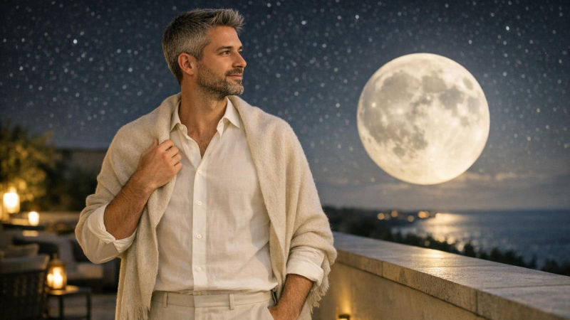 Homem grisalho de roupa off-white e manta nos ombros observa a Lua cheia grande no céu do terraço de um hotel à noite