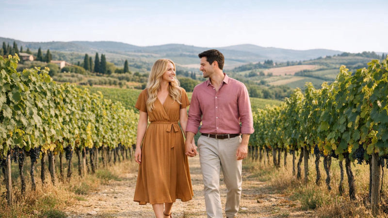 Casal de mãos dadas caminha entre as videiras de um vinhedo na Toscana, olhando um para o outro