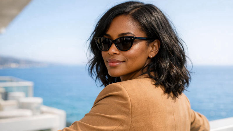 Mulher negra de blazer caramelo, de costas na sacada de um hotel à beira-mar, olha por cima do ombro