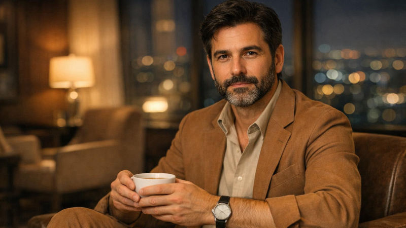 Homem de barba e camisa caramelo segura xícara de chá sentado no lounge de um hotel à noite, com ar pensativo